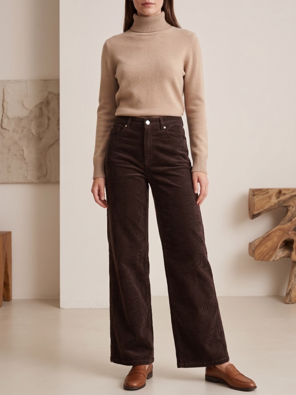H&M Divided Dark Brown Corduroy Straight Wide-Leg High-Waist Pants - Size 6